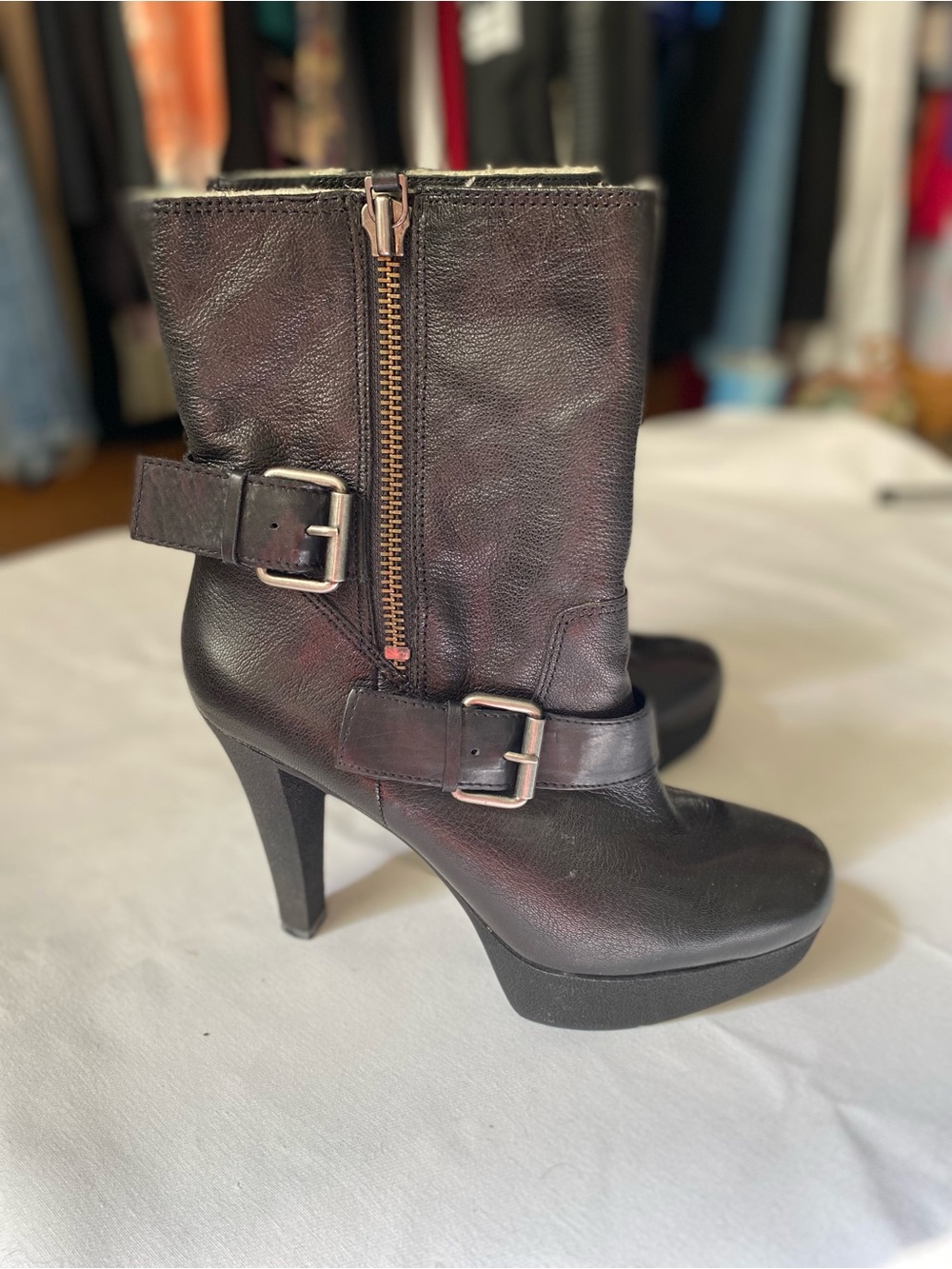Nine West Black Leather High-Heel Platform Ankle Boots with Buckles